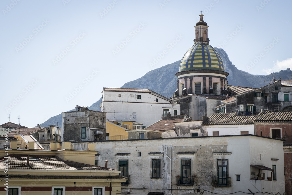 Vietri sul Mare, Amalfi coast (Italy): Dome and bell tower church St. John (San Giovanni Battista), traditional architecture, decorated ceramic dome, vertical view 