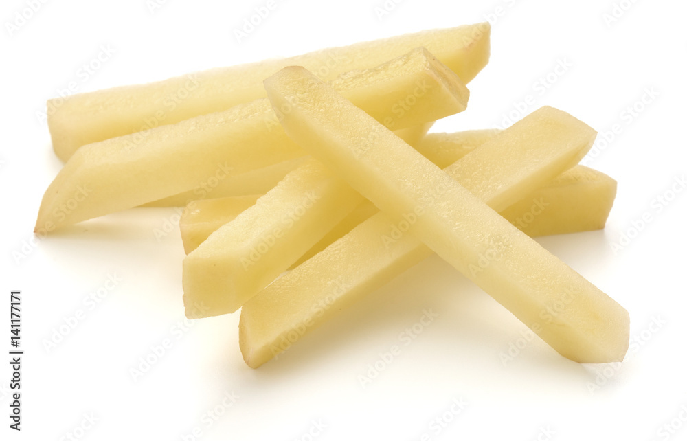 Raw Potato sliced strips prepared for French fries isolated on white background Raw Potato sliced strips prepared for French fries isolated on white background