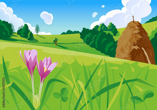 Summer landscape with a haystack on a hill vector illustration 