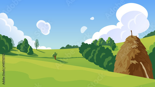 Summer landscape with a haystack on a hill vector illustration 