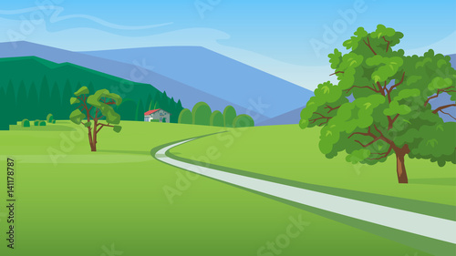 Summer landscape with mountains,  road and a small house vector illustration 
