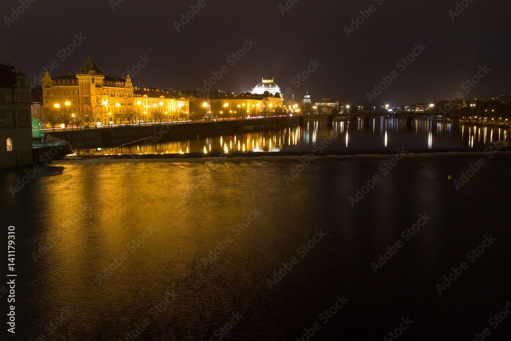 The night View on Prague National Theater with Vltava river, Czech Republic