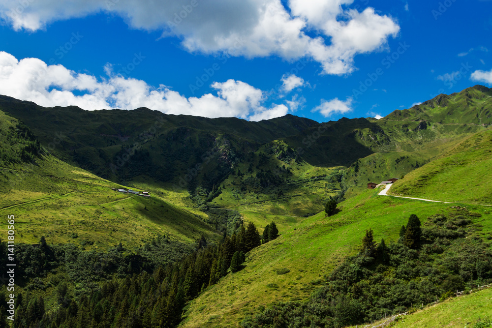 Mountain landscape along Zillertal high road in austrian Alps. Zillertaler Hoehenstrasse, Austria, Tyrol, Tirol