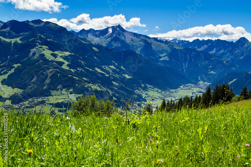 Mountain view with green meadow in foreground. Zillertal High Road, Austria, Tyrol