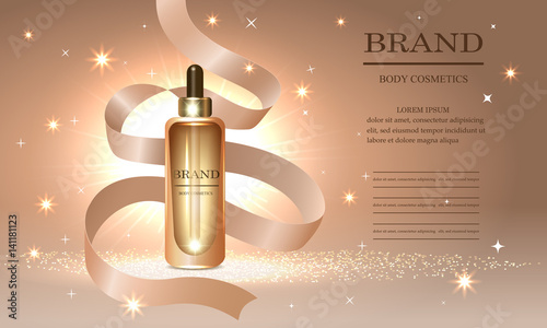 Cosmetics beauty body series, ads of premium collagen oil cream for skin care and ribbon, template for design poster, placard, product presentation, banners, cover, vector illustration.