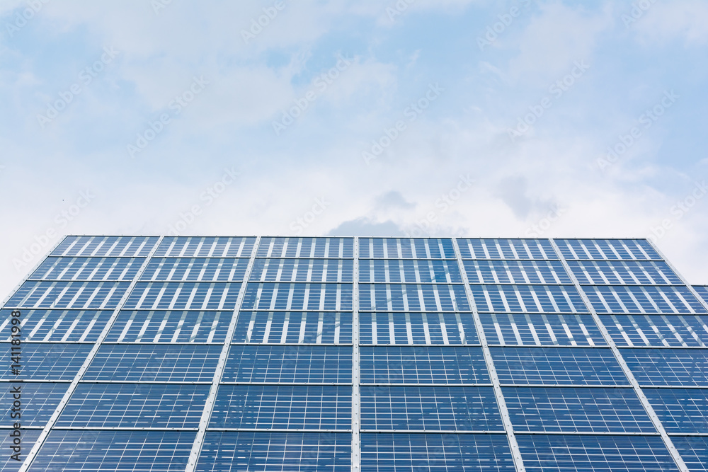Solar Panels Closeup Blue Technology Clear Sunny Day Clouds Reflection Green Energy Real Solar Panels Closeup Blue Technology Clear Sunny Day Clouds Reflection Green Energy Real