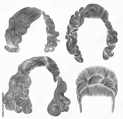 set woman  hairs  . black  pencil drawing sketch .
retro  hairstyle.babette curly waves