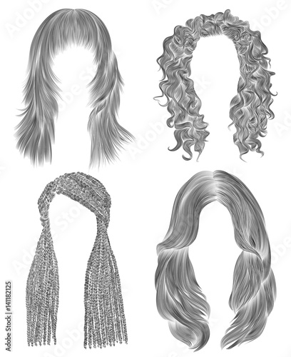 set long woman hairs  . black  pencil drawing sketch . women fashion beauty style. african cornrows . fringe curls cascade.