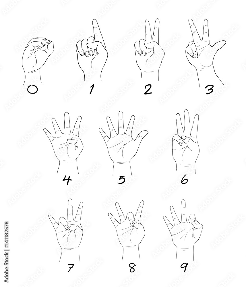 Fototapeta premium Set of Sketch Human Hand Sign 0 to 9