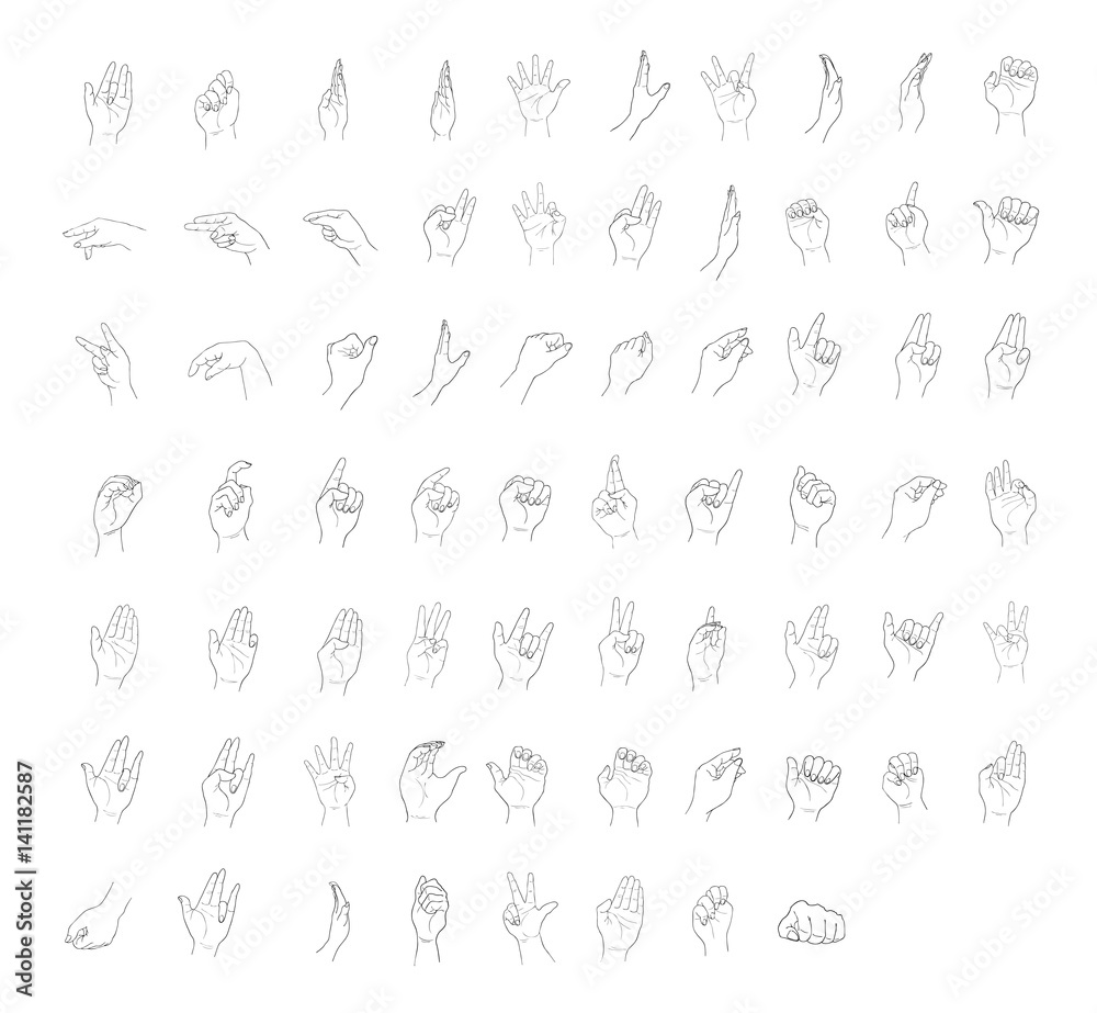 Set of Sketch Human Hand Gestures on White Background