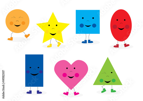 Obraz na płótnie learning collection of funny, smiling , basic geometric cartoon shapes for children / vectors illustration for kids w salonie