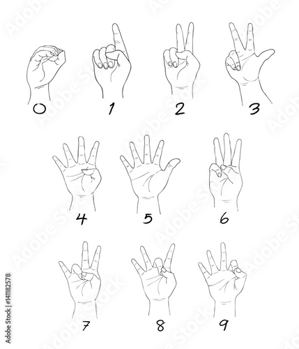 Set of Sketch Human Hand Sign 0 to 9