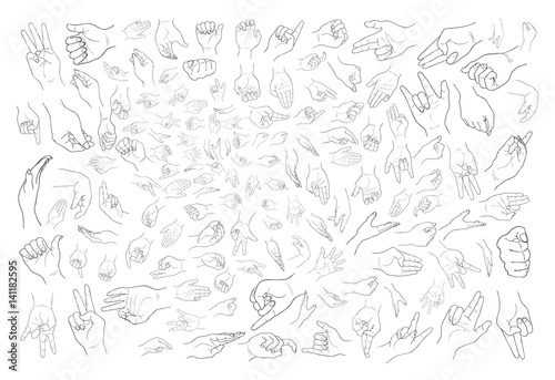 Set of Sketch Human Hand Gestures on White Background