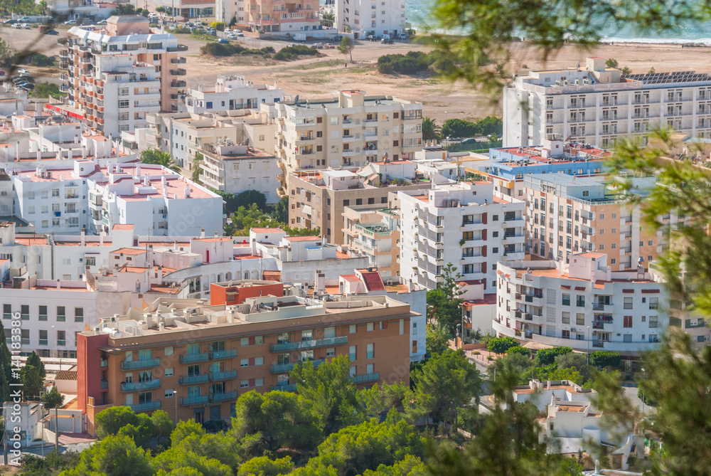 View from the hills into St Antoni de Portmany & surrounding area in Ibiza. 