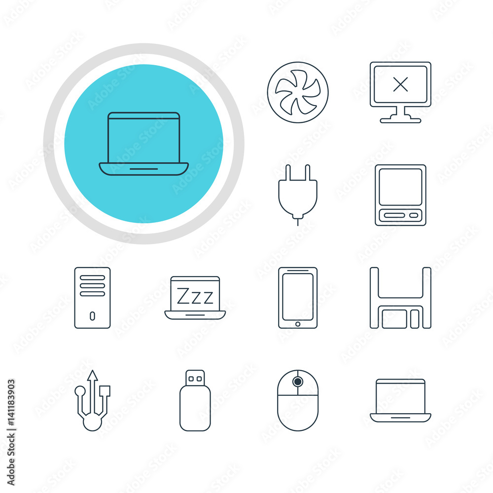 Vector Illustration Of 12 Computer Icons. Editable Pack Of Usb Icon