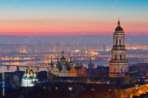 Canvas Print Aerial view at sunrise of the Kiev-Pechersk Lavra - one of the main symbol of Ki