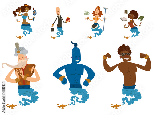 Cartoon genie character magic lamp vector illustration treasure aladdin miracle djinn coming out isolated legend set wish magical wizard desire