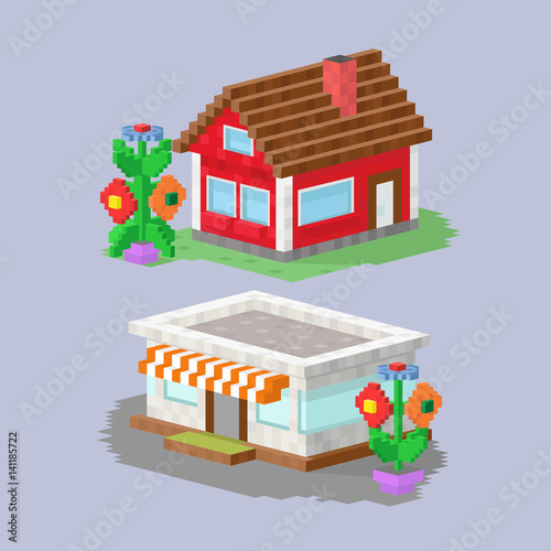 Cute colorful flat style house village pixel art real estate cottage and home design residential colorful building construction vector illustration.