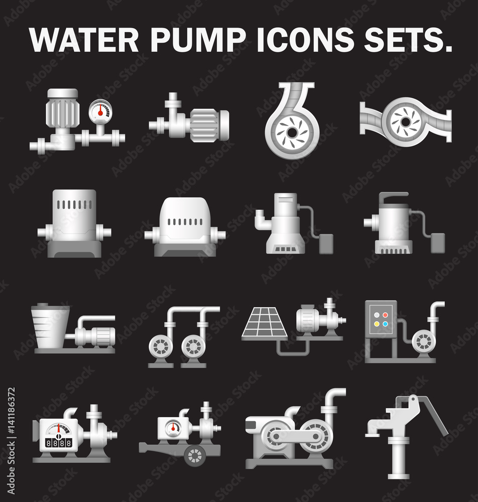 Water pump station icon. Consist of centrifugal, submersible and well pump. Powered by engine, hand and electric motor with solar energy. For irrigation, plumbing, water cooling water treatment. Water pump station icon. Consist of centrifugal, submersible and well pump. Powered by engine, hand and electric motor with solar energy. For irrigation, plumbing, water cooling water treatment.