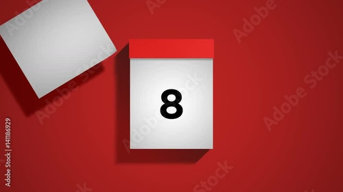 Red calendar on a red background, flipping through 31 days of the month. Pages are torn off and fly away to the left. Loopable computer generated animation including luma matte.