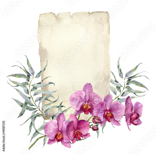 Watercolor invitation with orchids and eucalyptus leaves. Hand painted floral botanical illustration isolated on white background. For design or print.