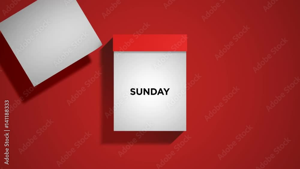 Red calendar on a red background, flipping through the days of the week. Pages are torn off and fly away to the left. Loopable computer generated animation including luma matte.