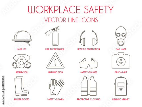 Workplace safety and personal protective equipment thin line icons set: hard hat, hearing protection, gas mask, fire extinguisher, warning sign etc. Vector illustration for website, logo, instruction.