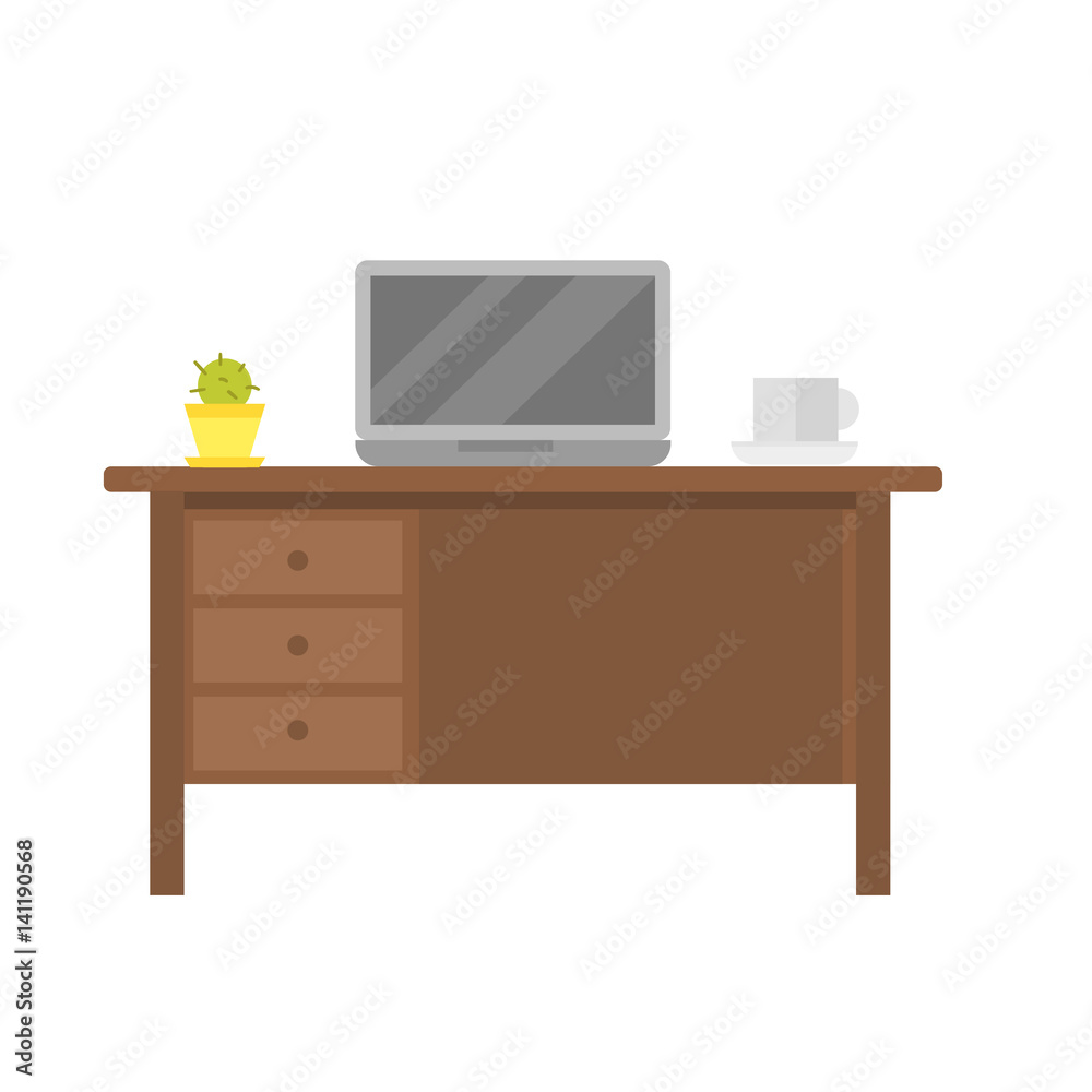 Office empty workplace with laptop on wood table business computer and creative design technology modern computer or home furniture vector illustration. Office empty workplace with laptop on wood table business computer and creative design technology modern computer or home furniture vector illustration.