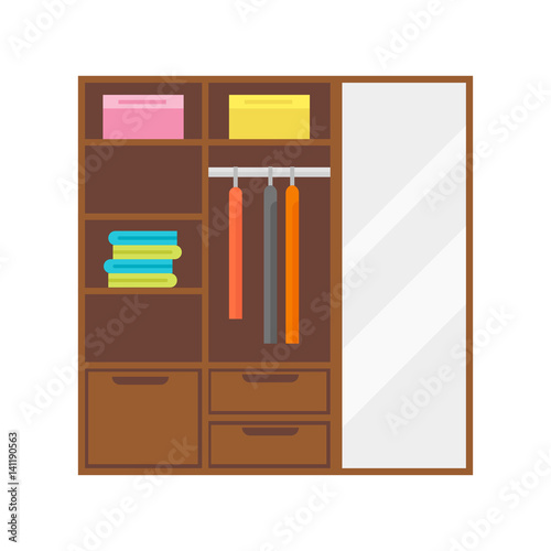 Flat design wardrobe of cupboard icon isolated vintage lifestyle retro larder with shelves and storage box interior design vector illustration.