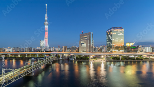 Tokyo Sumida river view with Tokyo Skytree in evening. The Sumida river is a river that flows through Tokyo, Japan.