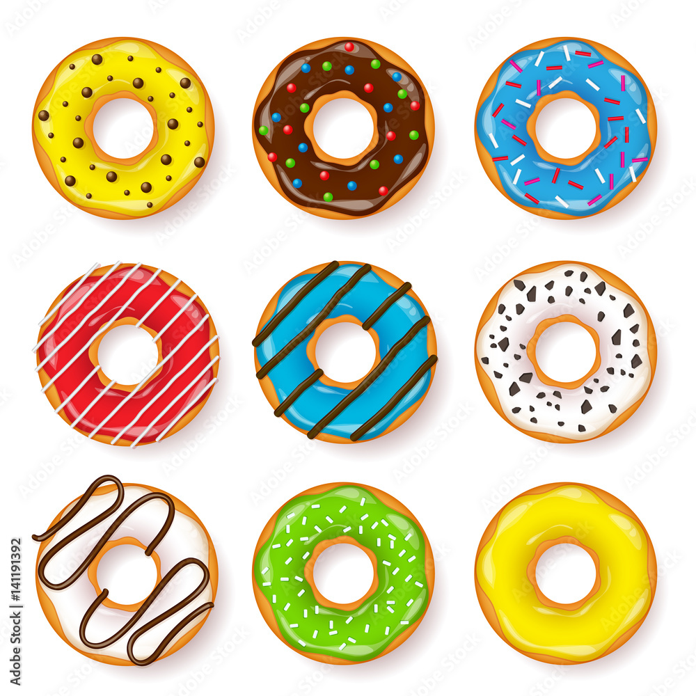 Fototapeta premium Donut, begel with cream. Cookies,cookie cake set. Sweet dessert. with sugar,caramel. Tasty breakfast. Cooking. Cafateria food, snack. Coffee shop.Vector illustration.