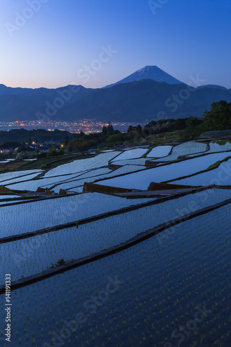 Japan rice terrace and Mountain Fuji in morning at Minami alps Nakano , Kofu city , Yamanashi prefecture photo