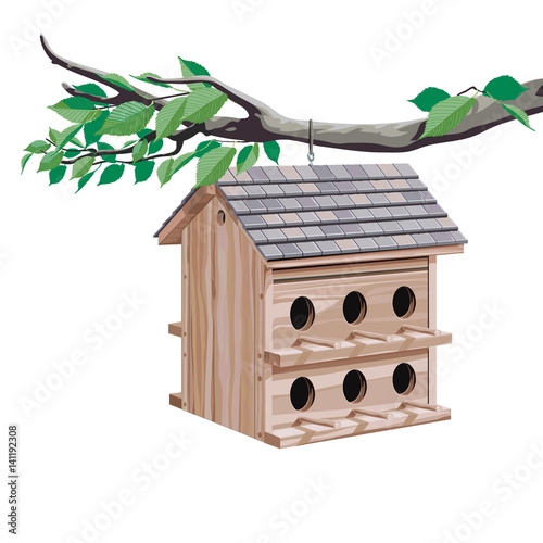 Detailed illustration of a birdhouse hanging from a branch.
