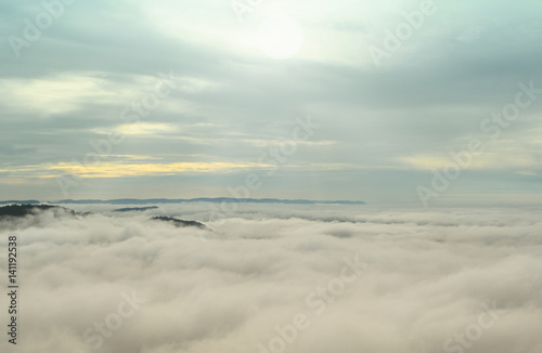 mountain landscape morning mist with blue sky background