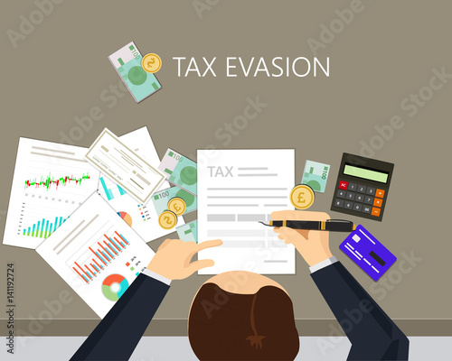 businessman counting tax evasion with calculator and paper works on top of table