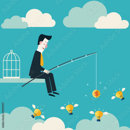 Businessman try to catch flying idea with fishing rod. Innovation, strategy and investment concept
