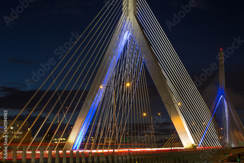 Boston Leonard P. Zakim Bunker Hill Memorial Bridge at night in Bunker Hill Massachusetts, USA. photo