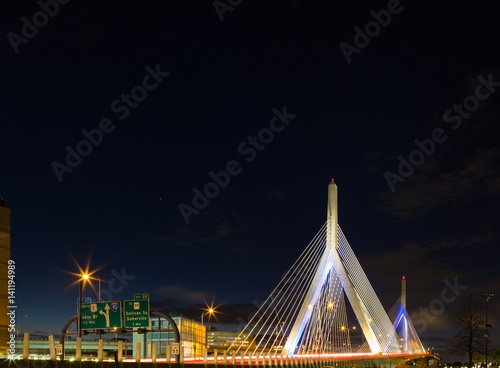 Boston Leonard P. Zakim Bunker Hill Memorial Bridge at night in Bunker Hill Massachusetts, USA.