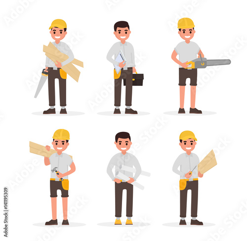 Carpenter, foreman, engineer, joiner and woodworker elements collection with various people actions. Vector illustration in flat style
