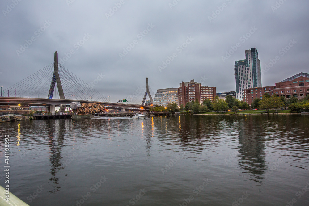 Fototapeta premium Boston Leonard P. Zakim Bunker Hill Memorial Bridge at night in Bunker Hill Massachusetts, USA.