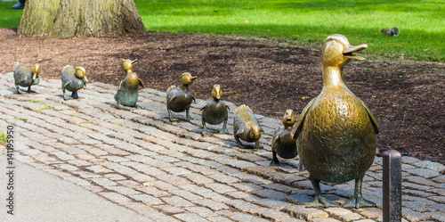 Boston Public Garden with its famous duck family brass statues