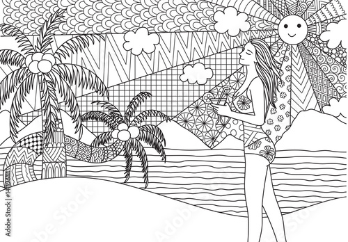 Sexy girl walking along the beach for adult coloring book page for anti stress, banner and other design element. Stock Vector