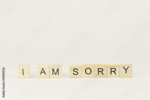 Text wooden blocks spelling the word I am sorry on white background