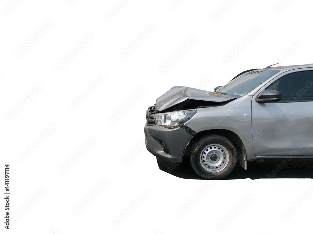 Car crash from car accident on the road in a city car pickup wait insurance White background of clipping path and selection path Car crash from car accident on the road in a city car pickup wait insurance White background of clipping path and selection path
