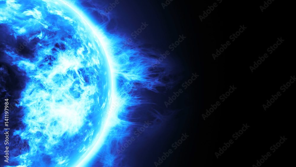 Realistic 3D illustration of Blue Planet, frozen planet surface with blue flares,Highly realistic surface burning of white and blue sun isolated on black with space for your text or logo, Realistic 3D illustration of Blue Planet, frozen planet surface with blue flares,Highly realistic surface burning of white and blue sun isolated on black with space for your text or logo,