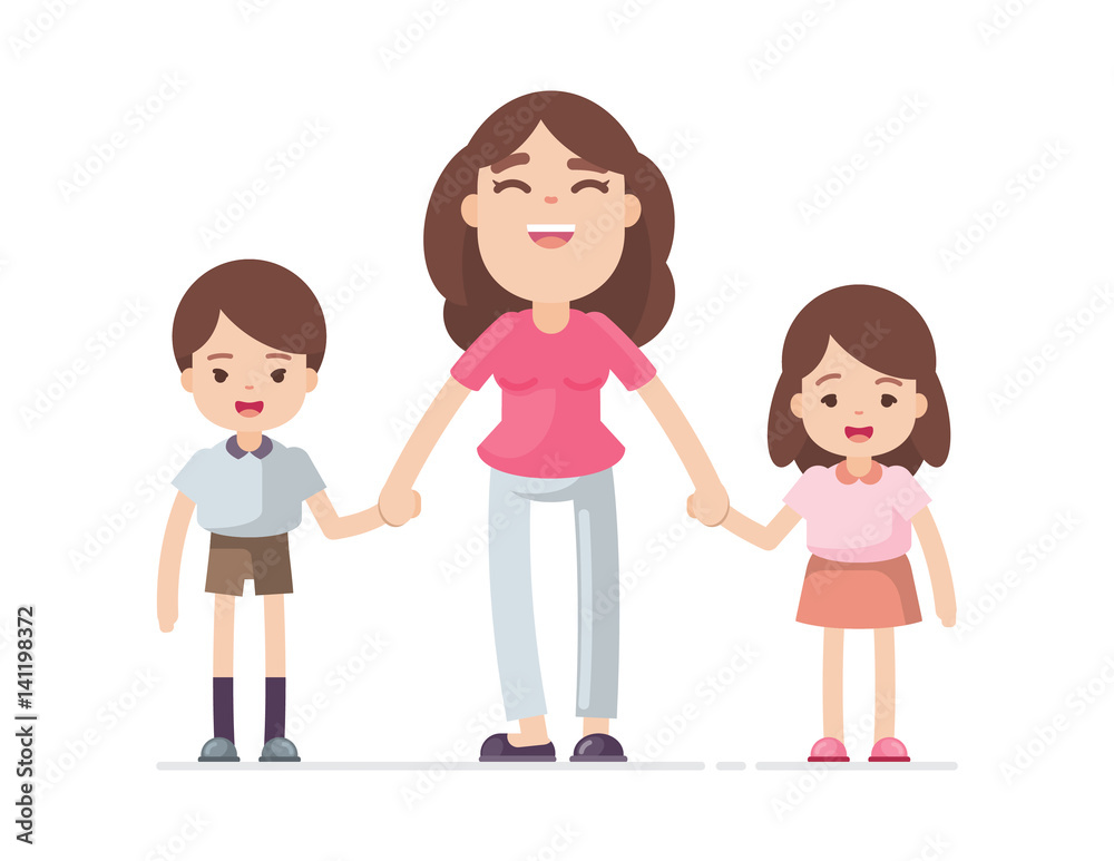 Mother holding hand son and daughter, Happy mom and child concept, Vector character illustration. Mother holding hand son and daughter, Happy mom and child concept, Vector character illustration.