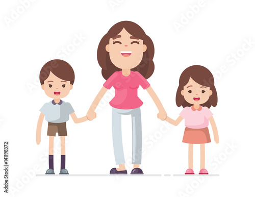 Mother holding hand son and daughter, Happy mom and child concept, Vector character illustration.