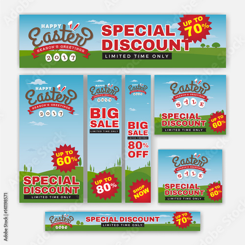 Set of Easter Sale Special Discount Web Banner. Season Greeting Background Template. Vector illustration