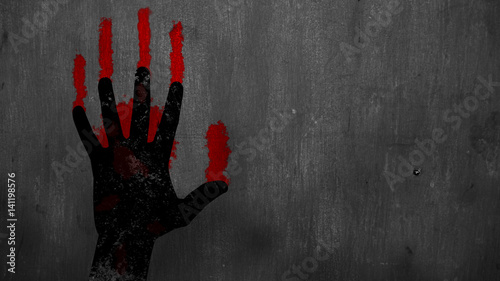 Bloody hand on a wall with space for your text or logo, Grunge illustration of hand trying to escape from death, Epic terror background, Stop War Concept