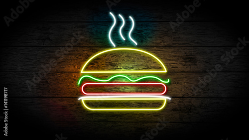 Realistic 3D illustration of Neon Hamburger sign on grunge wood wall with copy space, food and drinks sign, fast food and health care concept. restaurant neon sign.